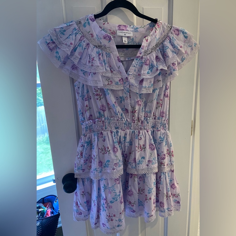 LoveShackFancy Lavender Floral Ruffle Mini Dress
